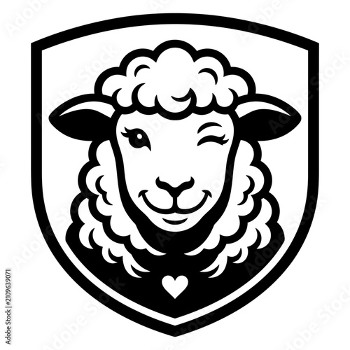 Smiling sheep head inside decorative farm shield emblem