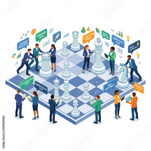 Business professionals collaborating on a giant chess board representing strategic planning and corporate management.