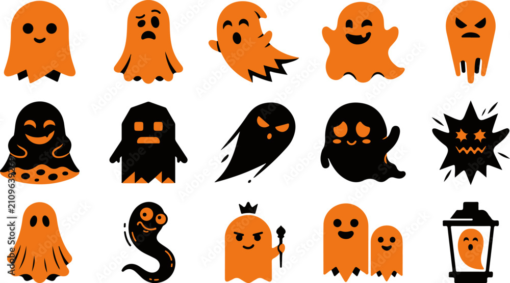 Fototapeta premium Silhouette of various Halloween ghosts and spooky characters in orange and black