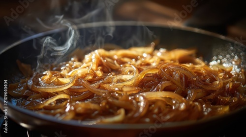 Close-up of steaming caramelized onions cooking in a frying pan with rich glistening glaze and flavorful aroma