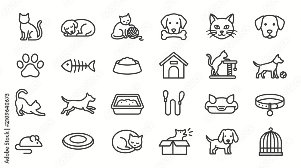 Fototapeta premium Animals and pet supplies are represented through a collection of linear icons showcasing various breeds, accessories, and care items for veterinary services or pet shop branding needs.