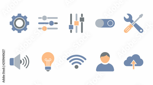 Settings icons represent digital user interface controls including gears, sliders, volume, and cloud upload functions for mobile applications or web development project dashboards.