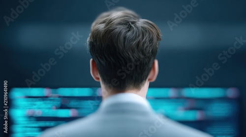 A professional software developer focused on a computer screen displaying complex code, representing cybersecurity, data analytics, and digital infrastructure monitoring.
