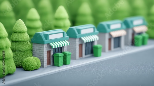A row of miniature retail storefronts featuring eco-friendly waste disposal bins, symbolizing sustainable urban planning and green business practices.