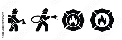 Fotografie Firefighter Emergency Service Icon Set Featuring Firefighter Silhouettes, Fire H