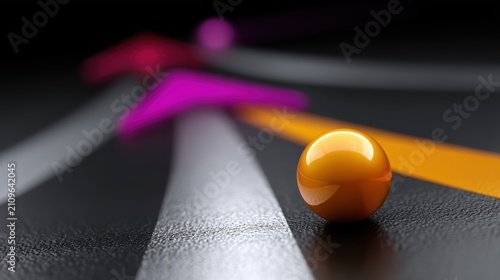 A yellow sphere moving along a path towards glowing arrows, representing progress, strategic direction, and goal achievement in a modern conceptual environment.