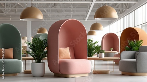 Contemporary office pods with acoustic furniture and indoor plants in a bright, open-plan corporate coworking space designed for focus and collaboration.