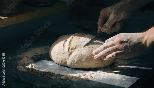 Baker shaping fresh dough for artisan bread. Hands kneading sourdough on floured worktop for bakery production.