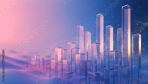 Modern city skyline at dusk with illuminated skyscrapers. Futuristic urban architecture glowing in purple and pink twilight haze.