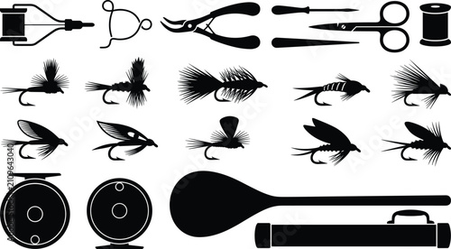 Tableau sur toile Collection of fly fishing equipment icons including artificial flies silhouette
