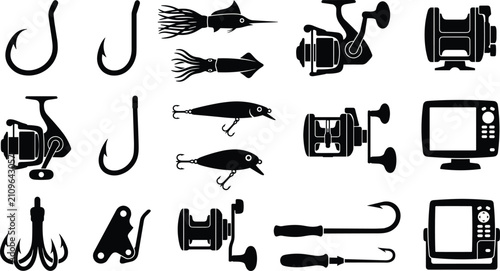 Obraz na płótnie Collection of professional fishing equipment icons including spinning reels hook