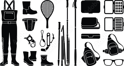Fotografie Fly fishing gear silhouette icon set featuring waders landing net fly boxes wadi