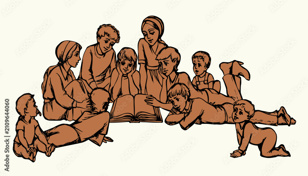 Obraz premium Vector drawing. Kids reading a book
