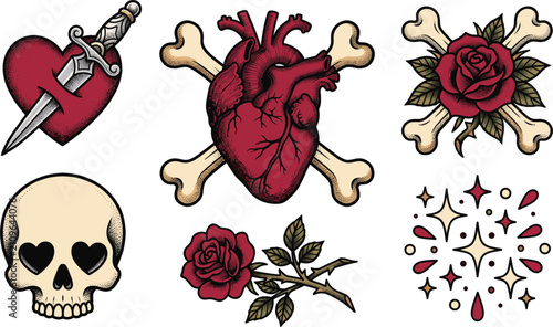Bild auf Leinwand Old School Tattoo Flash Icon Set with Skull Human Anatomical Heart Crossbones Da
