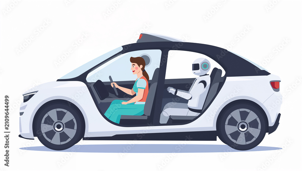 Fototapeta premium 助手席でリラックスして外を眺める女性と運転席でハンドルを握る自動運転ロボット