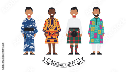 Diverse men standing side by side wearing traditional cultural garments like Japanese kimono, African dashiki, Scottish kilt, and Indian kurta.
