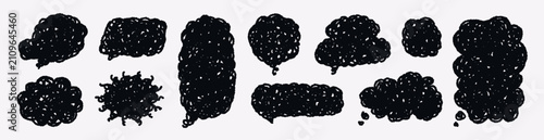 Black grunge speech bubble set isolated. Collection of noisy textured dialog balloons with rough cloud shapes for comics and graphic design. Vector illustration.
