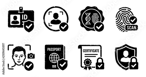 Identity verification icons collaging secure personal authentication concepts