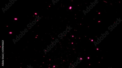 Loop abstract pink red bokeh particles flow motion on black background for screen project overlay. 4K 3D animation of fiery red orange glowing flying bokeh burning ash particles.