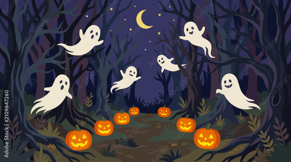 Fototapeta premium A whimsical Halloween night scene in a spooky forest with flying ghosts, glowing jack-o'-lanterns, and a crescent moon under a dark sky.