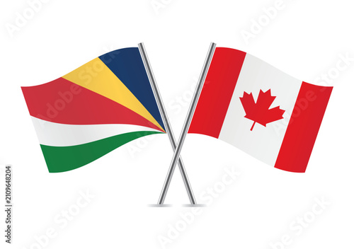 Seychelles and Canada crossed flags on a white background. Vector illustration.