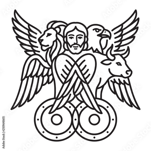 Foto Biblical Cherub creature with four faces of man lion ox and eagle featuring cele