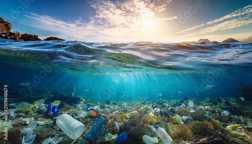 beneath the surface a poignant depiction of ocean pollution contrasting the beauty of a pristine seascape above with a haunting display of waste below
