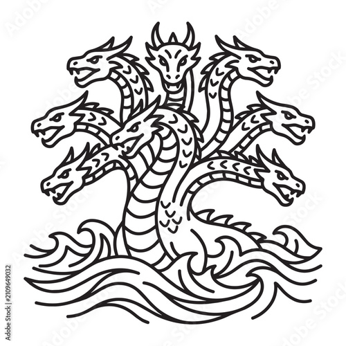 Seven headed sea monster dragon rising from ocean waves in black and white minimalist outline art style depicting the biblical beast of revelation or mythological hydra