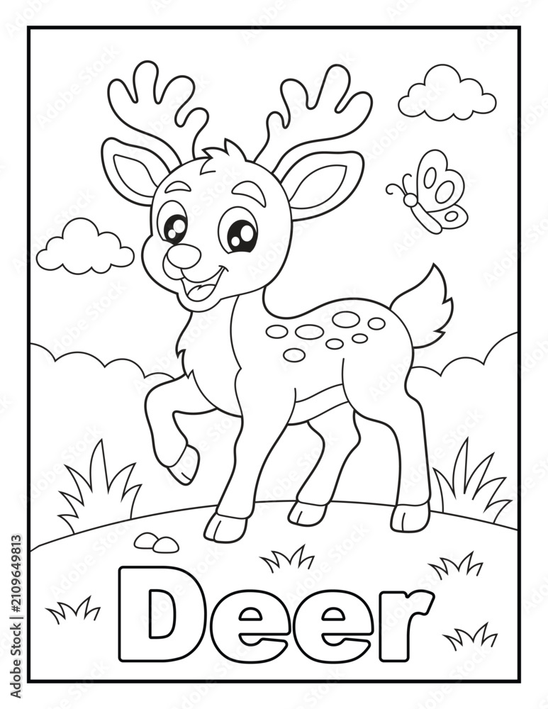 Fototapeta premium Deer Flashcard Coloring Page for Kids. Educational Forest Animal Name Worksheet for Children.