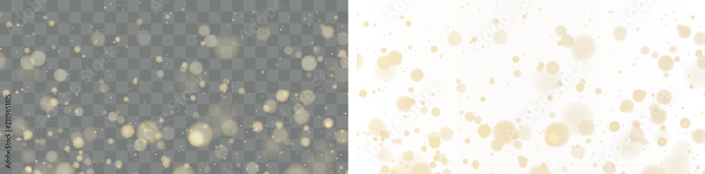 Obraz premium Golden Bokeh Lights Overlay With Soft Glowing Circles And Scattered Sparkles On Transparent Background, Vector Illustration