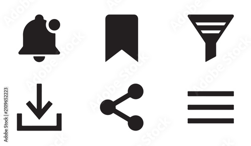 App navigation icon set notification bell, bookmark ribbon, funnel filter, and hamburger menu sign.