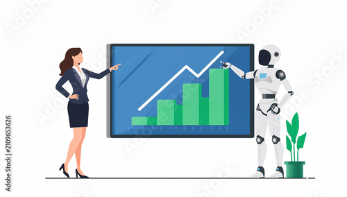 オフィスで売上グラフを指差して分析を行うビジネスパーソンとロボットのイラスト