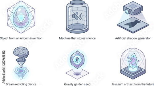 Surreal Futuristic Concept and Sci-Fi Invention Icons Collection Featuring Abstract Artifacts