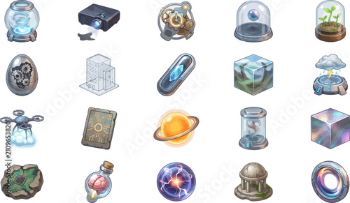 Comprehensive Futuristic Concept and Sci-Fi Technology Icons Set Featuring Holographic Projections