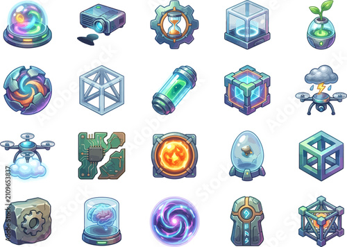 Futuristic Concept Icons Set: Sci-Fi Technology, Holograms & Game Assets