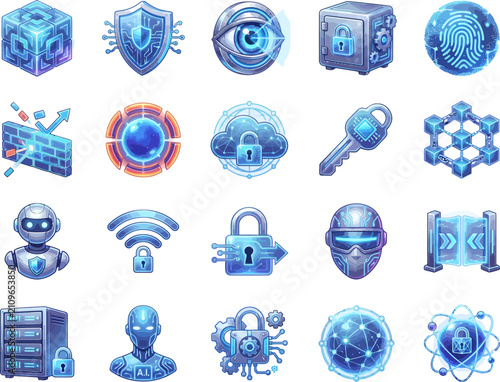 Futuristic Cybersecurity Icons Set Sci-Fi Data Protection, Encryption & AI Security Assets