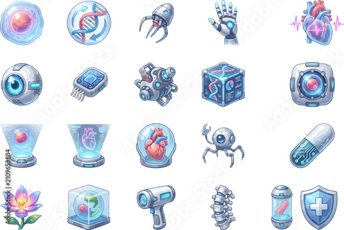 Futuristic Medicine Icons Set: Sci-Fi Biotechnology, Cybernetics & Healthcare Assets