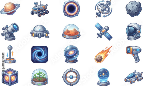 Futuristic Space Exploration Icons Set: Sci-Fi Planets, Astronaut & Astronomy Assets