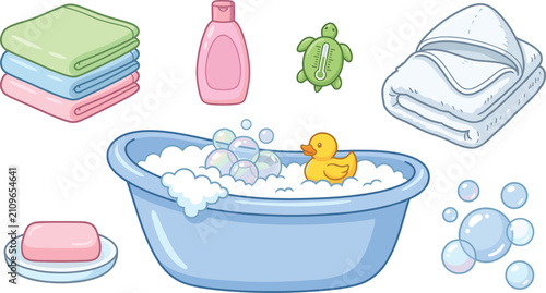 Bild auf Leinwand Baby Bath Time and Hygiene Care Icon Set with Tub, Soap, Shampoo, Towels, Rubber