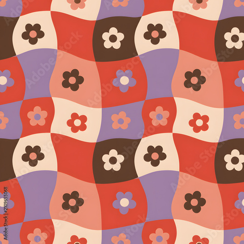 Wavy checkerboard floral seamless pattern with retro seventies style