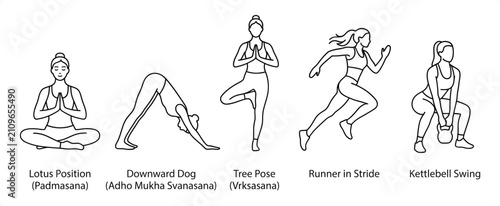 Bild auf Leinwand Diverse Fitness Poses with Minimalist Line Vector Style for Health and Wellness