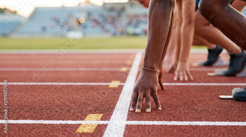 Runners hands on starting line ready to race on outdoor athletics track in stadium
