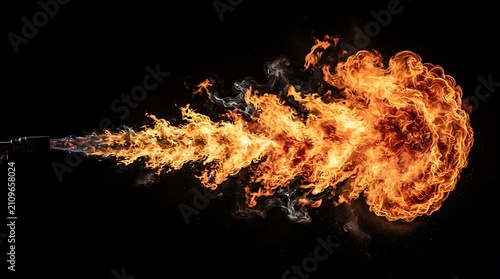 Large jet of fire flames erupting on black background with explosion, isolated