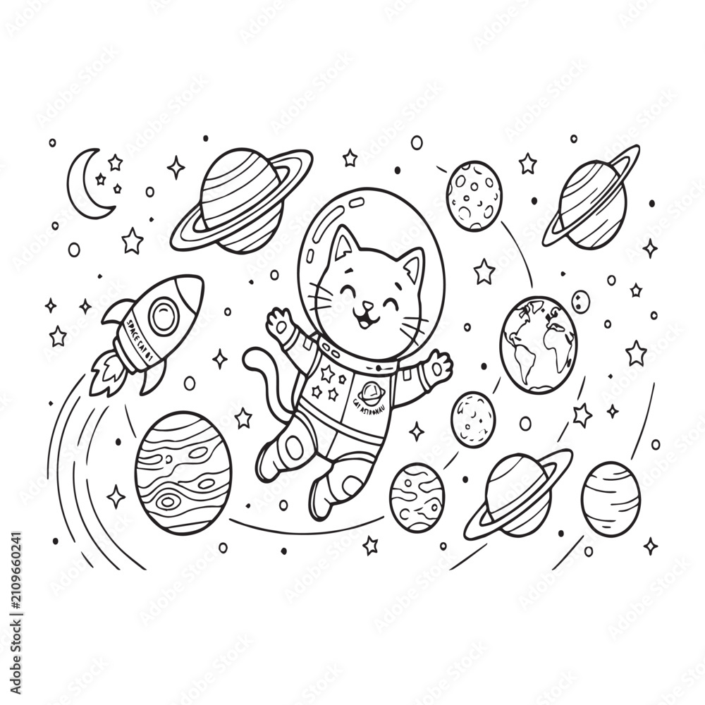 Obraz premium Cute astronaut cat floating in outer space with planets rocket and stars coloring page for kids outline vector illustration isolated on white background