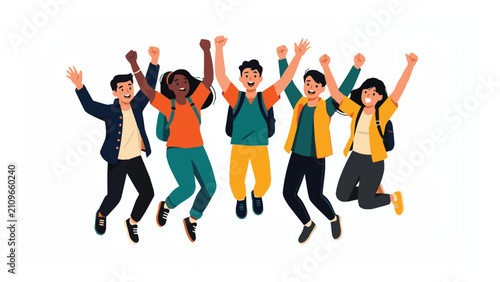 group of excited diverse young people jumping with arms raised celebration event social gathering