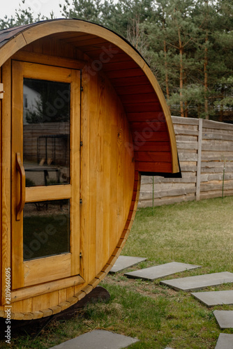 Barrel Sauna in Outdoor Garden Setting