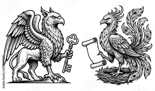 Cuadro en lienzo Mythical Griffin holding key with Phoenix and scroll in black and white vintage