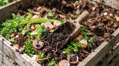 Wooden scoop in compost bin with vegetable scraps and organic waste, fertilizer