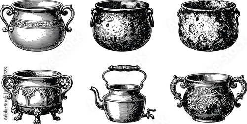 Vintage engraving of Halloween cauldrons and a kettle in a dark aged setting with selective focus