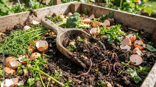 Wooden scoop digging into home compost pile with organic food waste, fertilizer